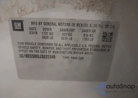 2018 Chevrolet Cruze Lt Auto z USA, uszkodzony, nr VIN 3G1BE6SM9JS625349